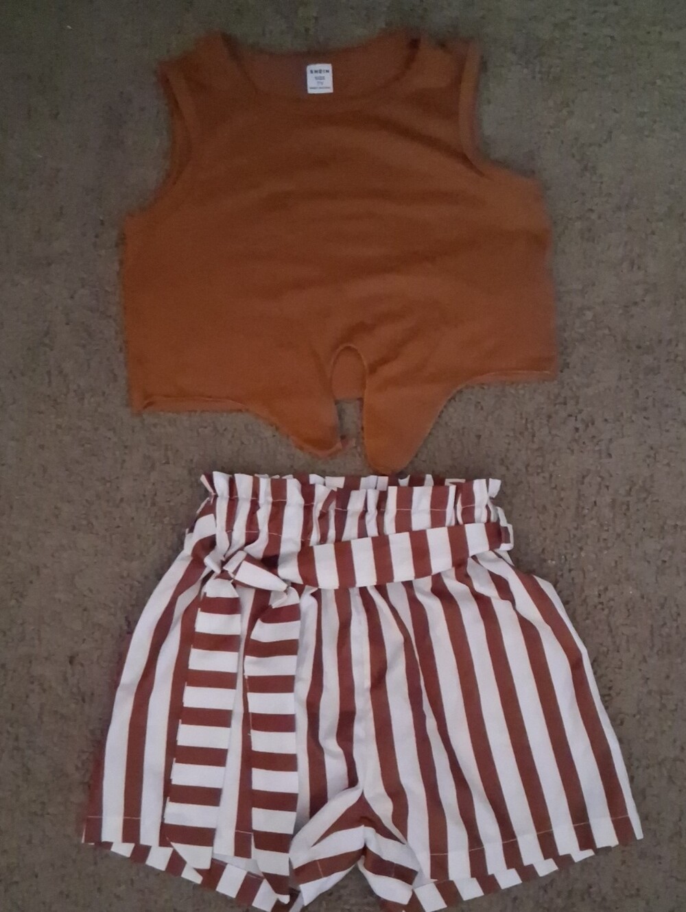 SHEIN Rust Brown Tank with White & Rust Brown Striped Paperbag Shorts